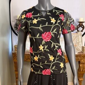 SHEIN Black Top with Red and Yellow Floral Embroidery
